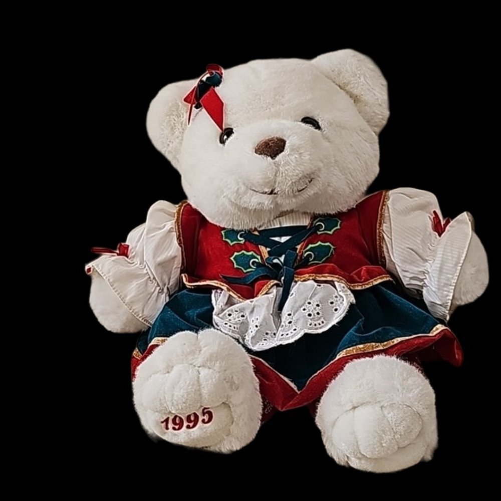 Vintage 1995 embroidered German dirndl dress style white Teddy Bear large